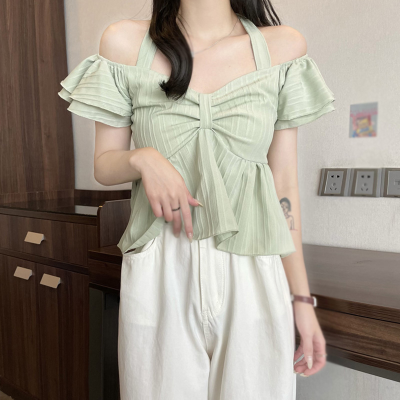 Áo Croptop Tay Ngắn Màu Trơn Phối Nơ Thời Trang Mùa Hè Xinh Xắn Cho Nữ