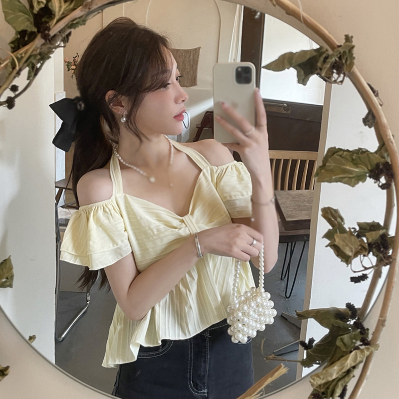 Áo Croptop Tay Ngắn Màu Trơn Phối Nơ Thời Trang Mùa Hè Xinh Xắn Cho Nữ