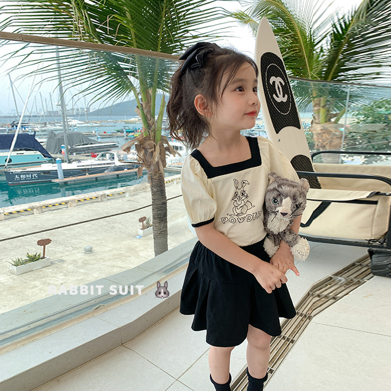 Set Áo Thun Ngắn Tay + Chân Váy Xếp Ly Họa Tiết Hoạt Hình Dễ Thương Thời Trang Mùa Hè Cho Bé Gái