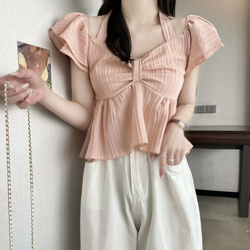 Áo Croptop Tay Ngắn Màu Trơn Phối Nơ Thời Trang Mùa Hè Xinh Xắn Cho Nữ