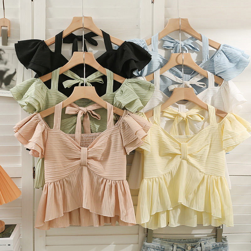 Áo Croptop Tay Ngắn Màu Trơn Phối Nơ Thời Trang Mùa Hè Xinh Xắn Cho Nữ