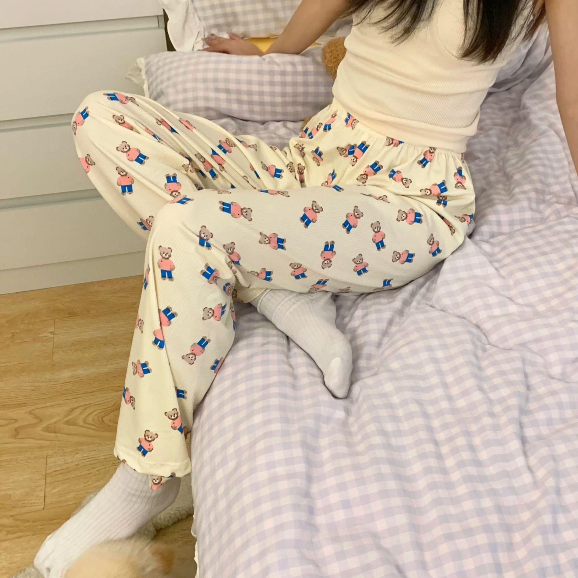 Quần Ngủ Dài Dáng Rộng In Hoạt Hình Phong Cách Hàn Quốc Xinh Xắn Cho Nữ