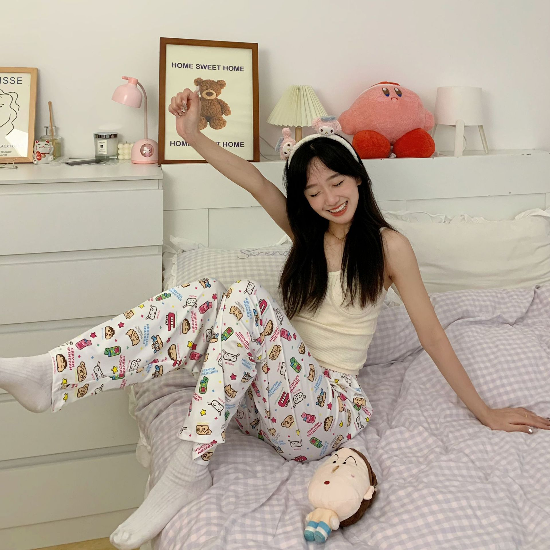 Quần Ngủ Dài Dáng Rộng In Hoạt Hình Phong Cách Hàn Quốc Xinh Xắn Cho Nữ