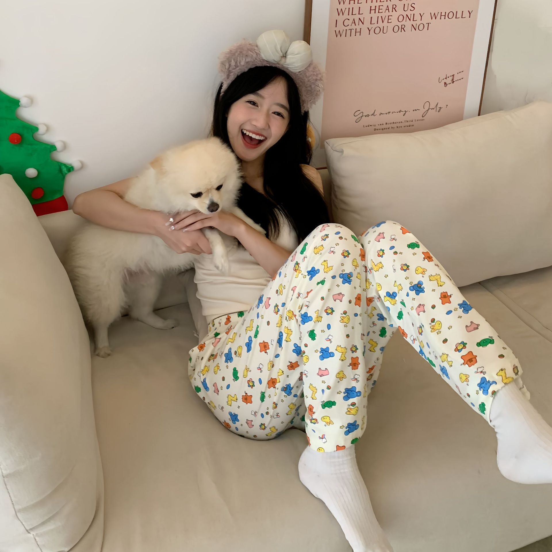 Quần Ngủ Dài Dáng Rộng In Hoạt Hình Phong Cách Hàn Quốc Xinh Xắn Cho Nữ