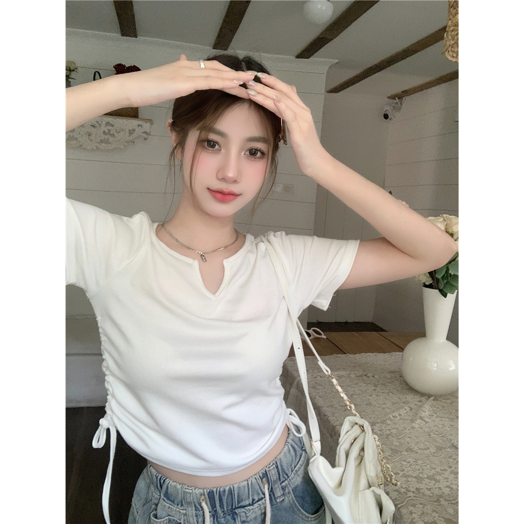 Áo Thun Tay Ngắn Cổ Chữ V Phối Dây Rút Thời Trang Cho Nữ