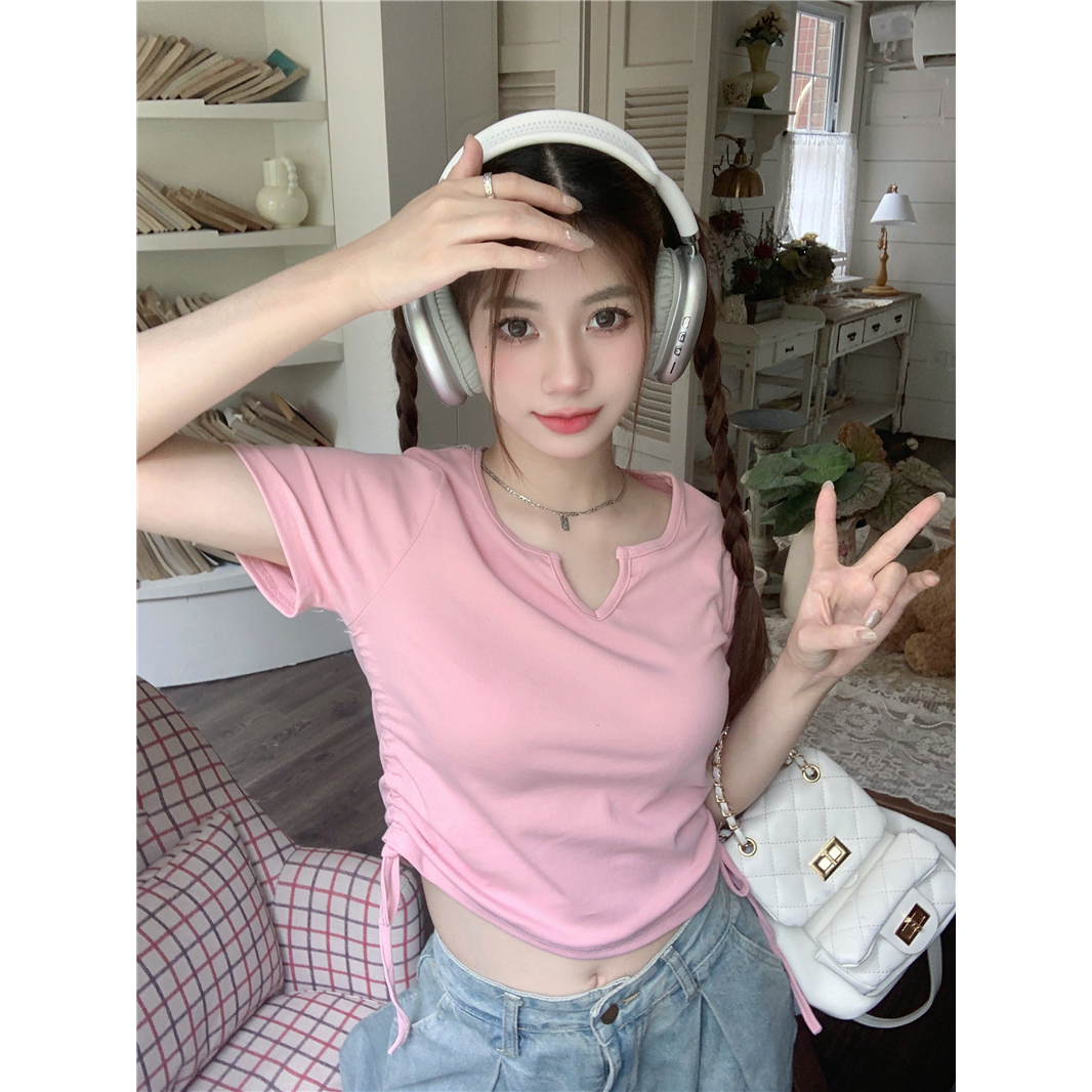 Áo Thun Tay Ngắn Cổ Chữ V Phối Dây Rút Thời Trang Cho Nữ