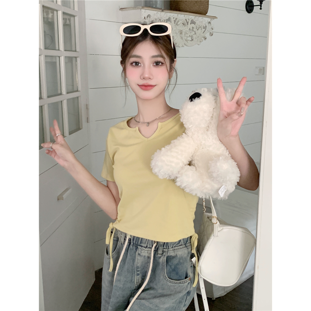 Áo Thun Tay Ngắn Cổ Chữ V Phối Dây Rút Thời Trang Cho Nữ