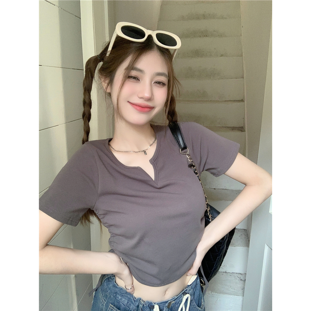 Áo Thun Tay Ngắn Cổ Chữ V Phối Dây Rút Thời Trang Cho Nữ