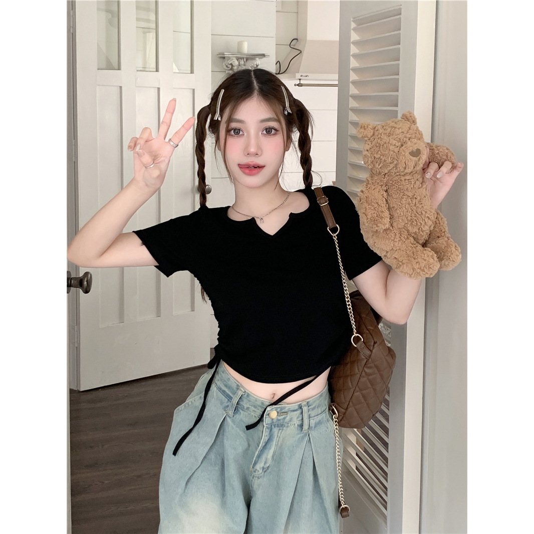 Áo Thun Tay Ngắn Cổ Chữ V Phối Dây Rút Thời Trang Cho Nữ