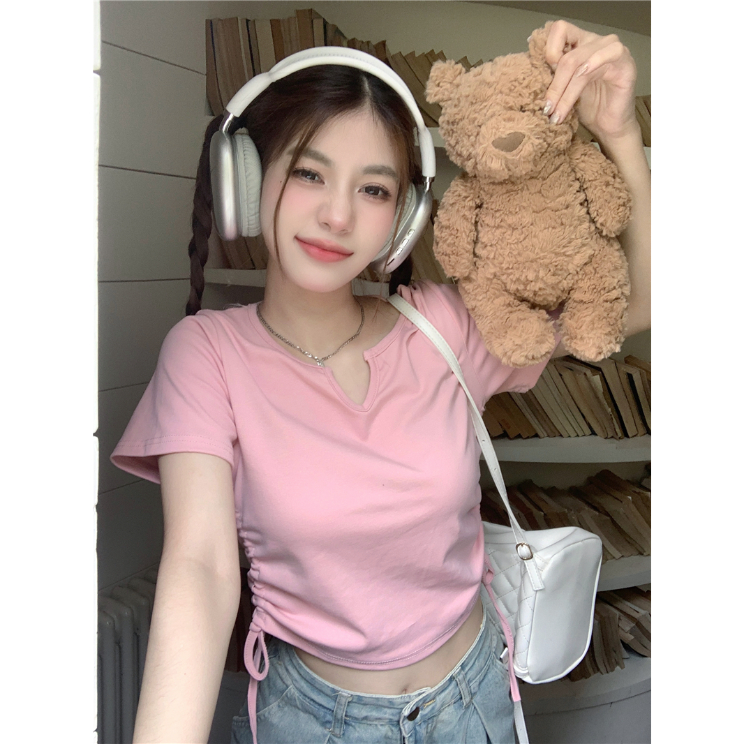 Áo Thun Tay Ngắn Cổ Chữ V Phối Dây Rút Thời Trang Cho Nữ