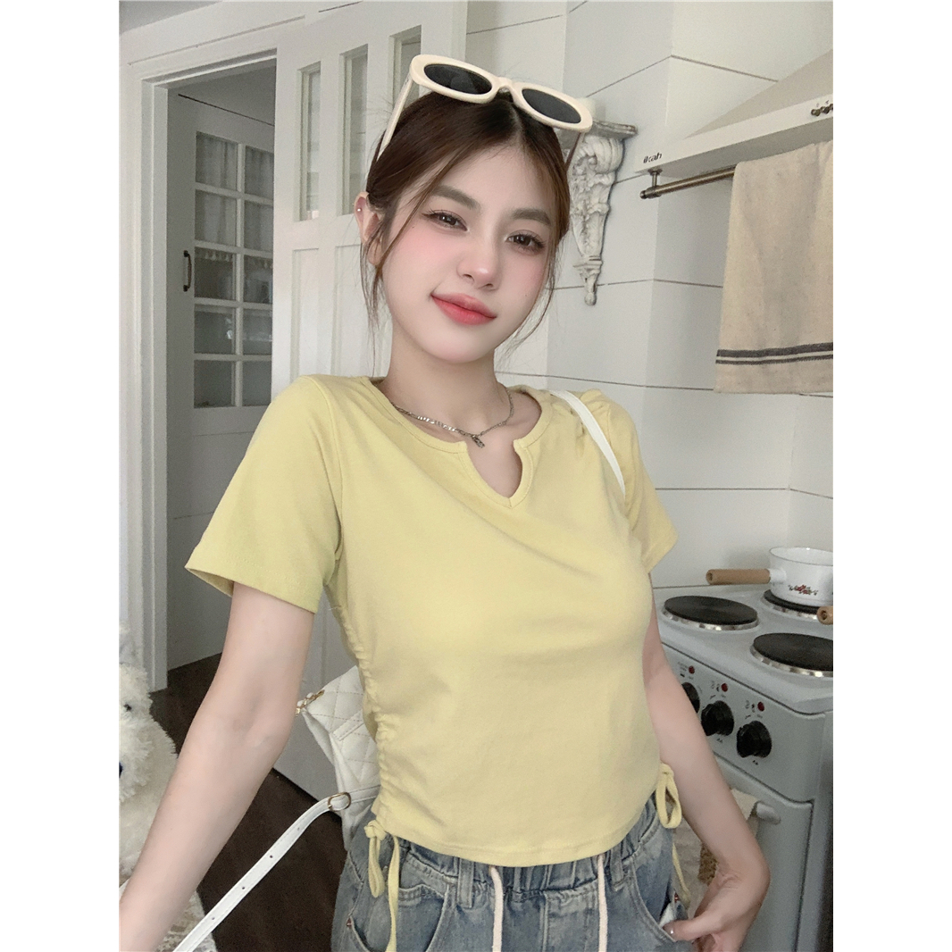 Áo Thun Tay Ngắn Cổ Chữ V Phối Dây Rút Thời Trang Cho Nữ