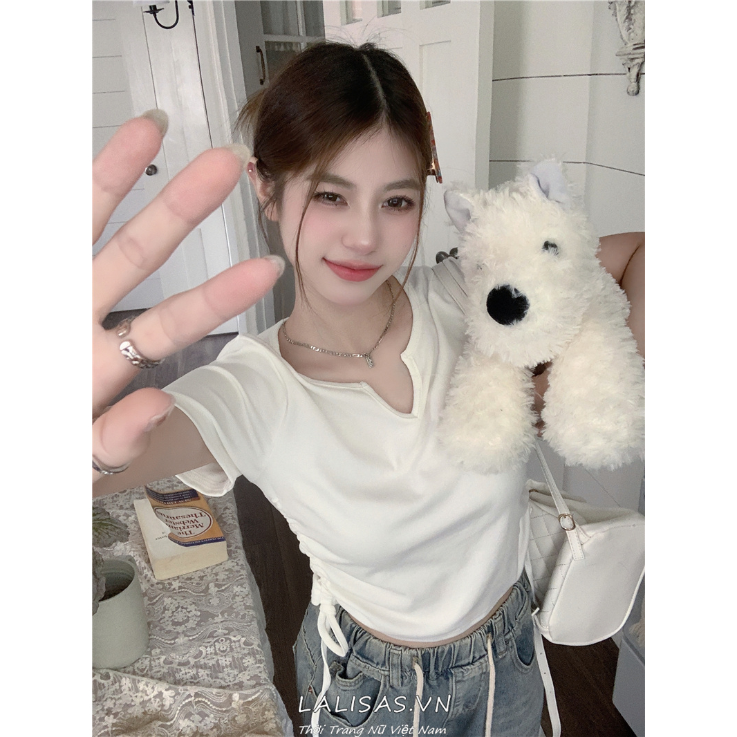 Áo Thun Tay Ngắn Cổ Chữ V Phối Dây Rút Thời Trang Cho Nữ