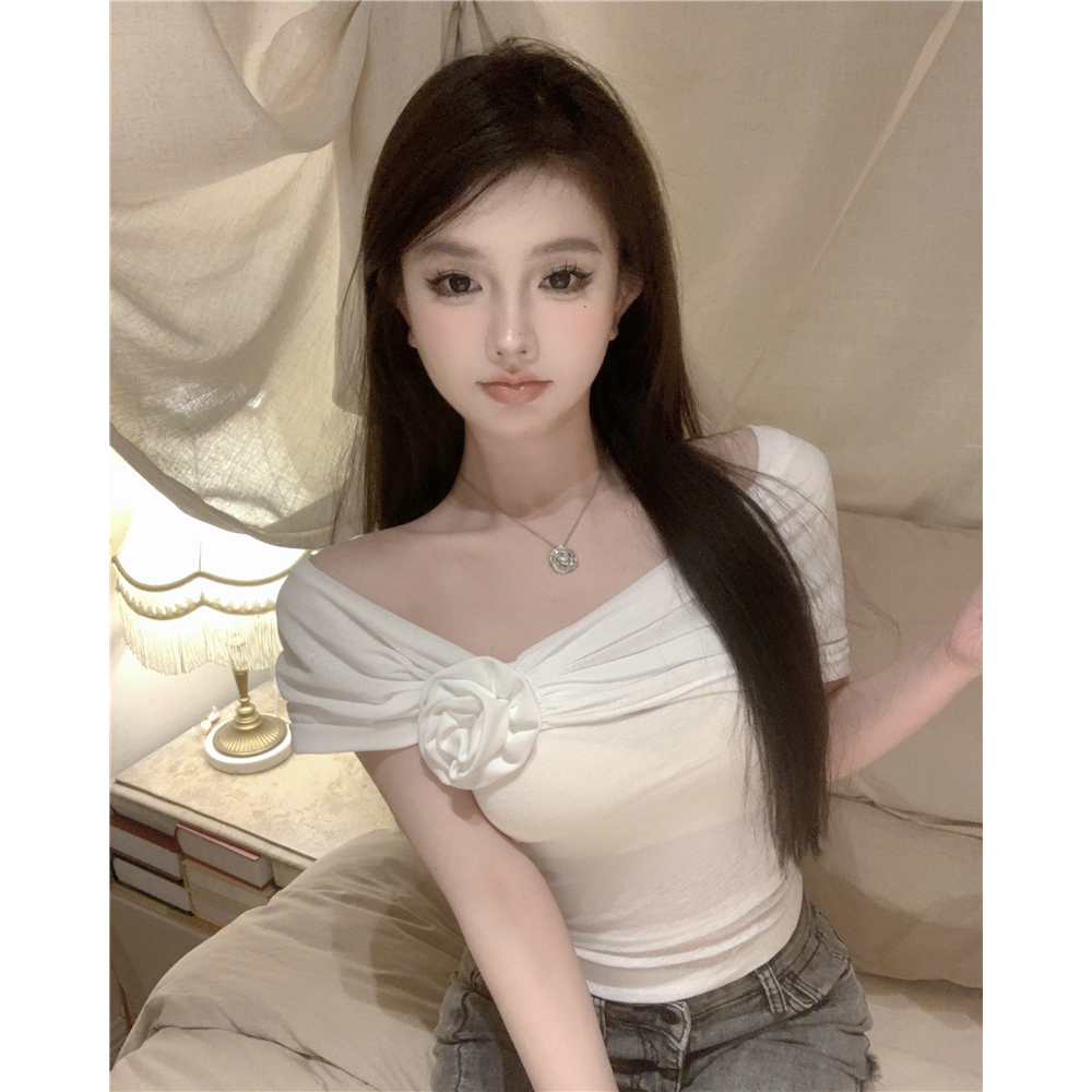 QADCOL Áo Thun Trễ Vai In Hoa Màu Trơn Thiết Kế Tinh Khiết Cho Nữ