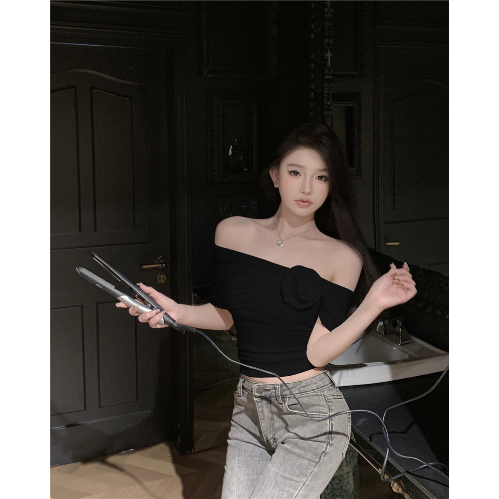 QADCOL Áo Thun Trễ Vai In Hoa Màu Trơn Thiết Kế Tinh Khiết Cho Nữ