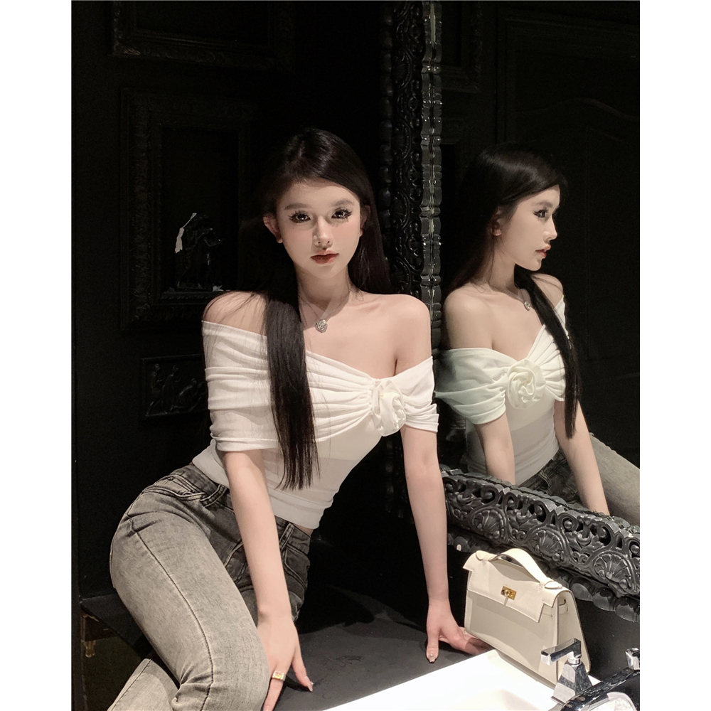 QADCOL Áo Thun Trễ Vai In Hoa Màu Trơn Thiết Kế Tinh Khiết Cho Nữ