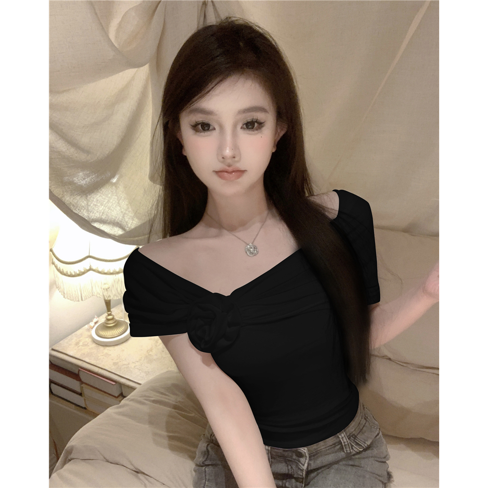 QADCOL Áo Thun Trễ Vai In Hoa Màu Trơn Thiết Kế Tinh Khiết Cho Nữ