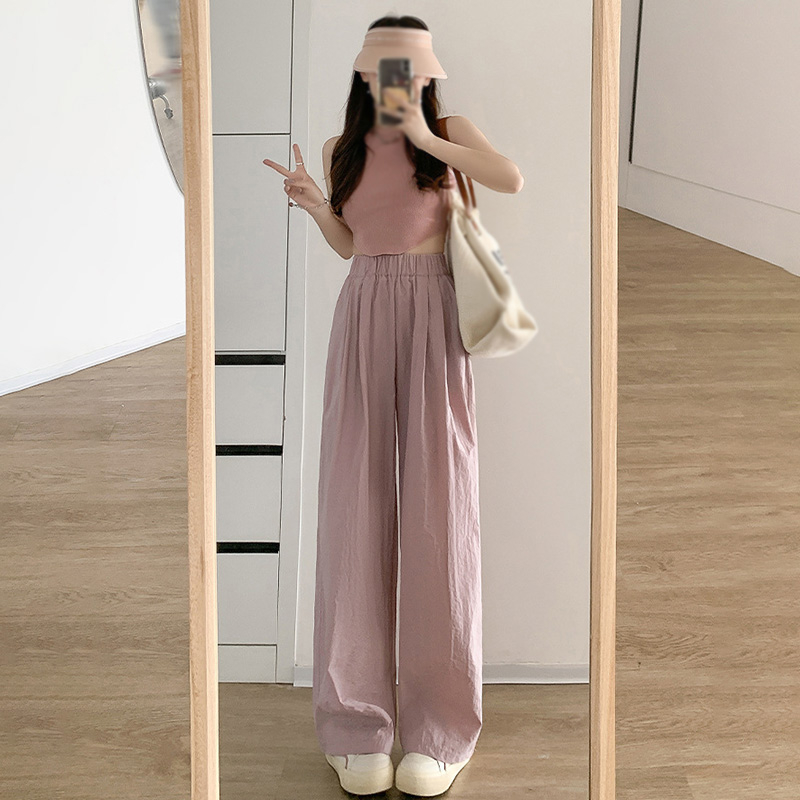 Quần ống rộng Lưng Cao Co Giãn Màu Trơn Thời Trang Mùa Hè Dành Cho Nữ