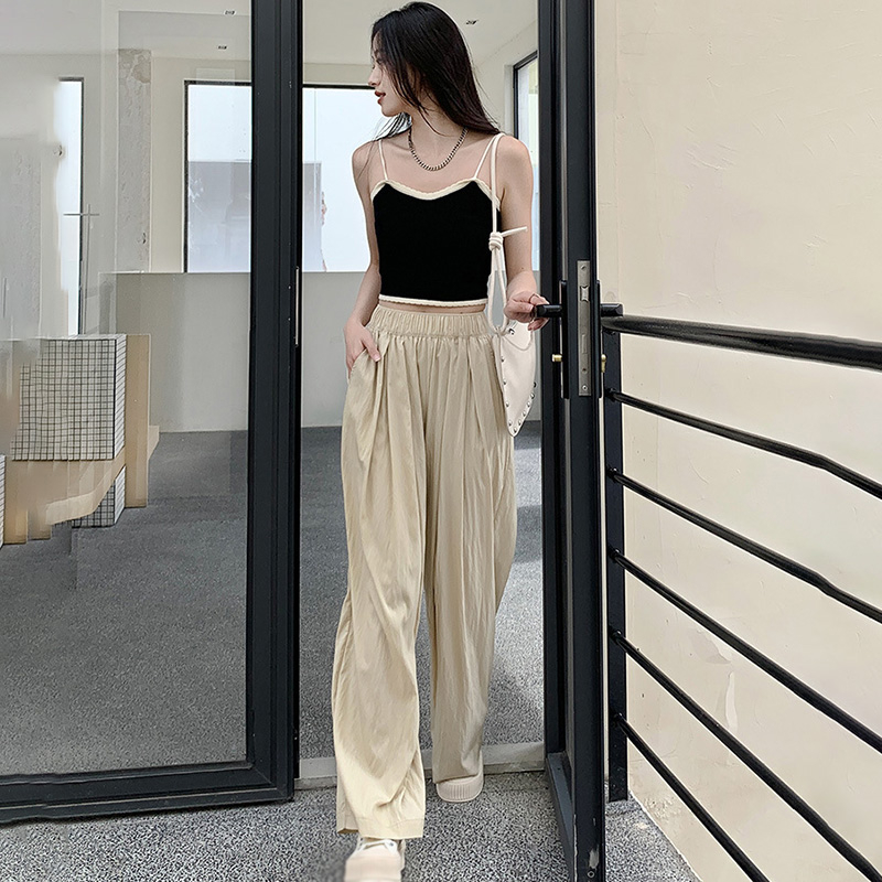 Quần ống rộng Lưng Cao Co Giãn Màu Trơn Thời Trang Mùa Hè Dành Cho Nữ