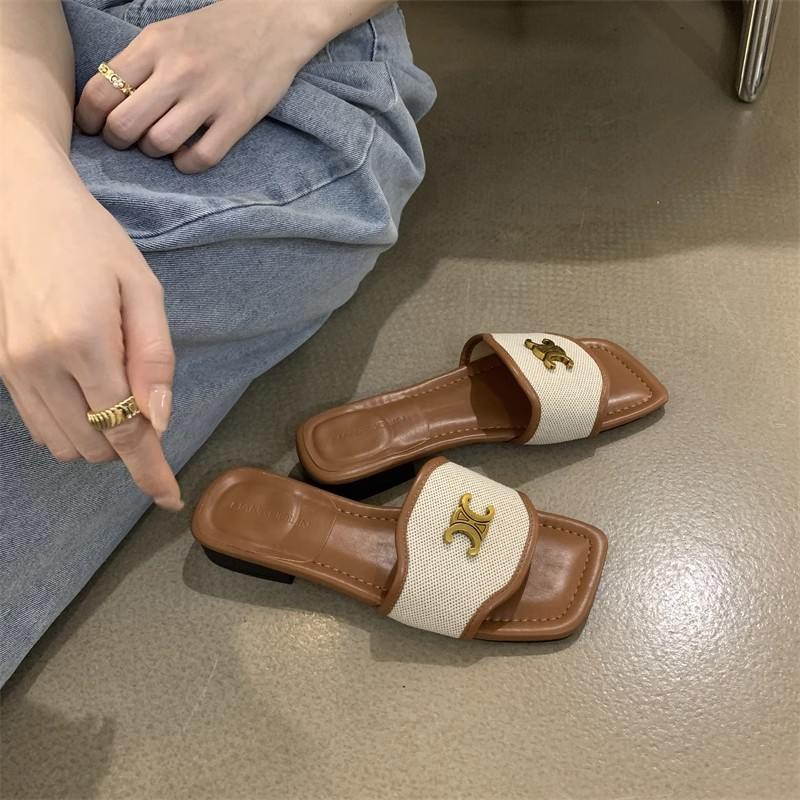 Dép Lười Gót Thấp Mũi Vuông Phối Khóa Kim Loại Thời Trang Mùa Hè 2023 Mới Cho Nữ