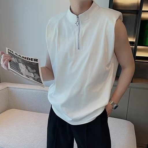 Áo Ba Lỗ Cổ Tròn Dáng Rộng Màu Trơn Phối Khóa Kéo Thời Trang Mùa Hè Trẻ Trung Cho Nam