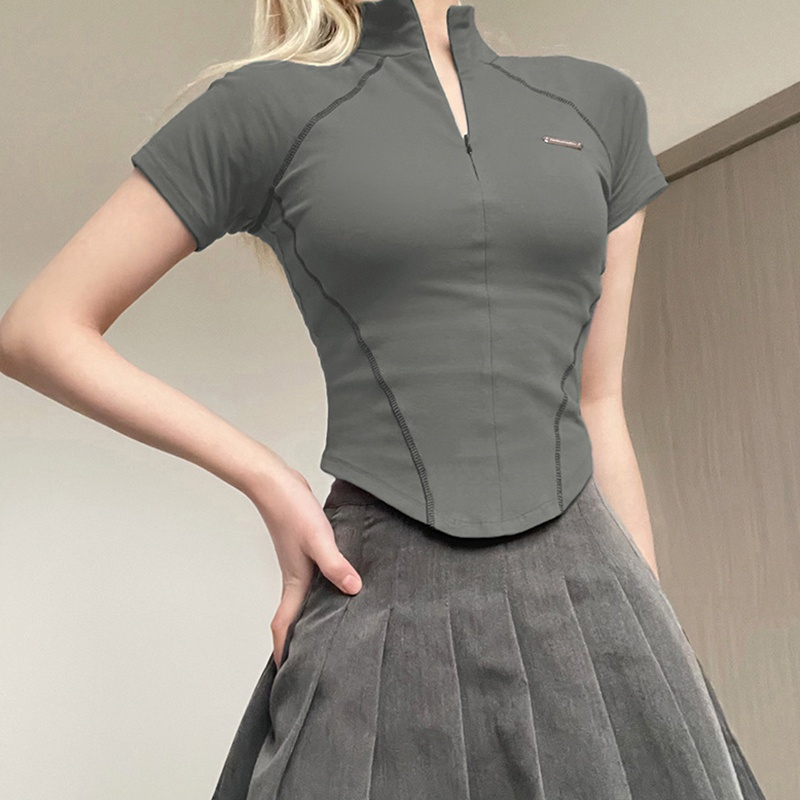 Áo Thun Tay Ngắn Có Khóa Kéo Màu Sắc Thời Trang Dành Cho Nữ