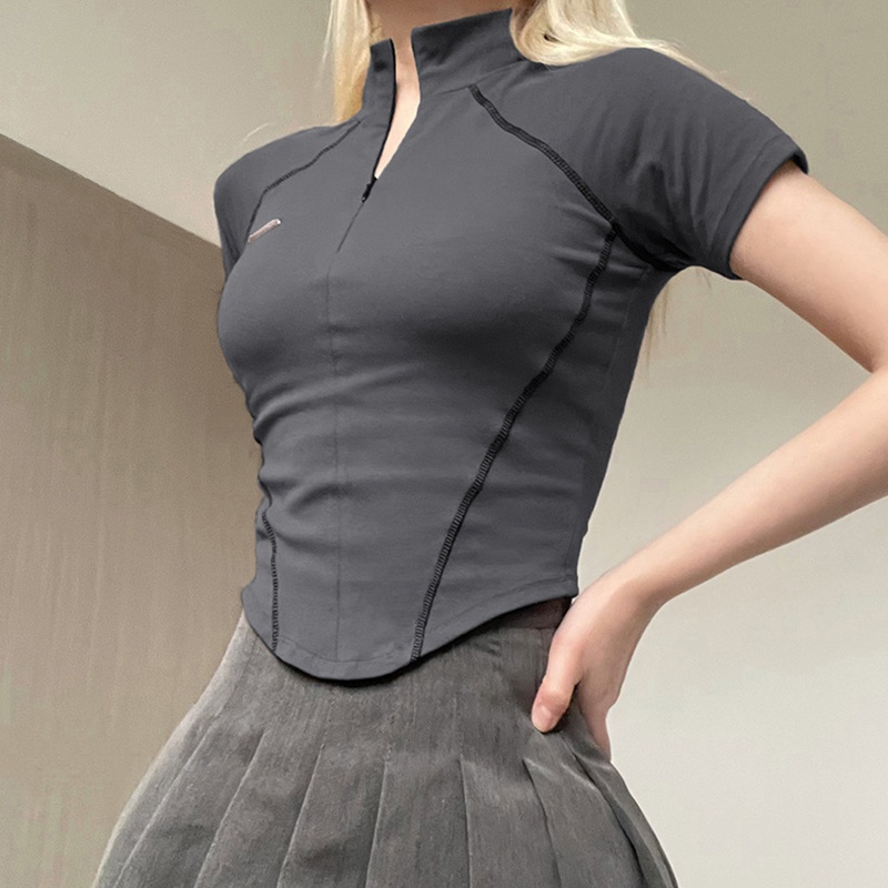 Áo Thun Tay Ngắn Có Khóa Kéo Màu Sắc Thời Trang Dành Cho Nữ