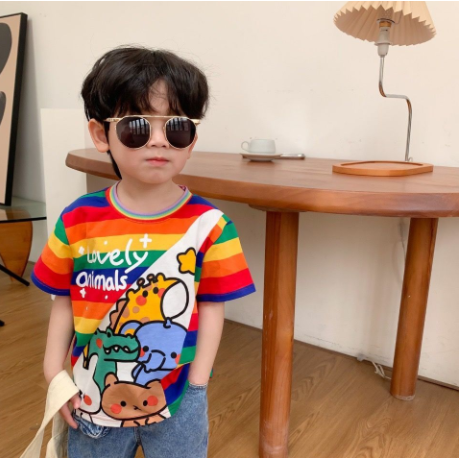 Áo Thun Cotton Tay Ngắn In Họa Tiết Động Vật Hoạt Hình Màu Cầu Vồng Dành Cho Trẻ Em 2022
