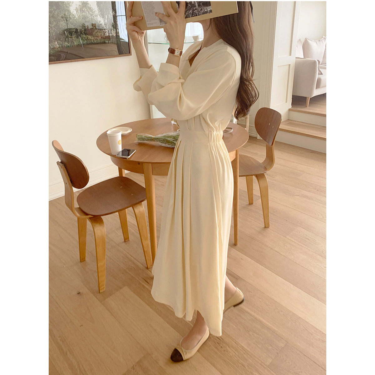 Đầm SUXI tay dài cổ chữ V màu trơn phong cách Hàn Quốc dành cho nữ