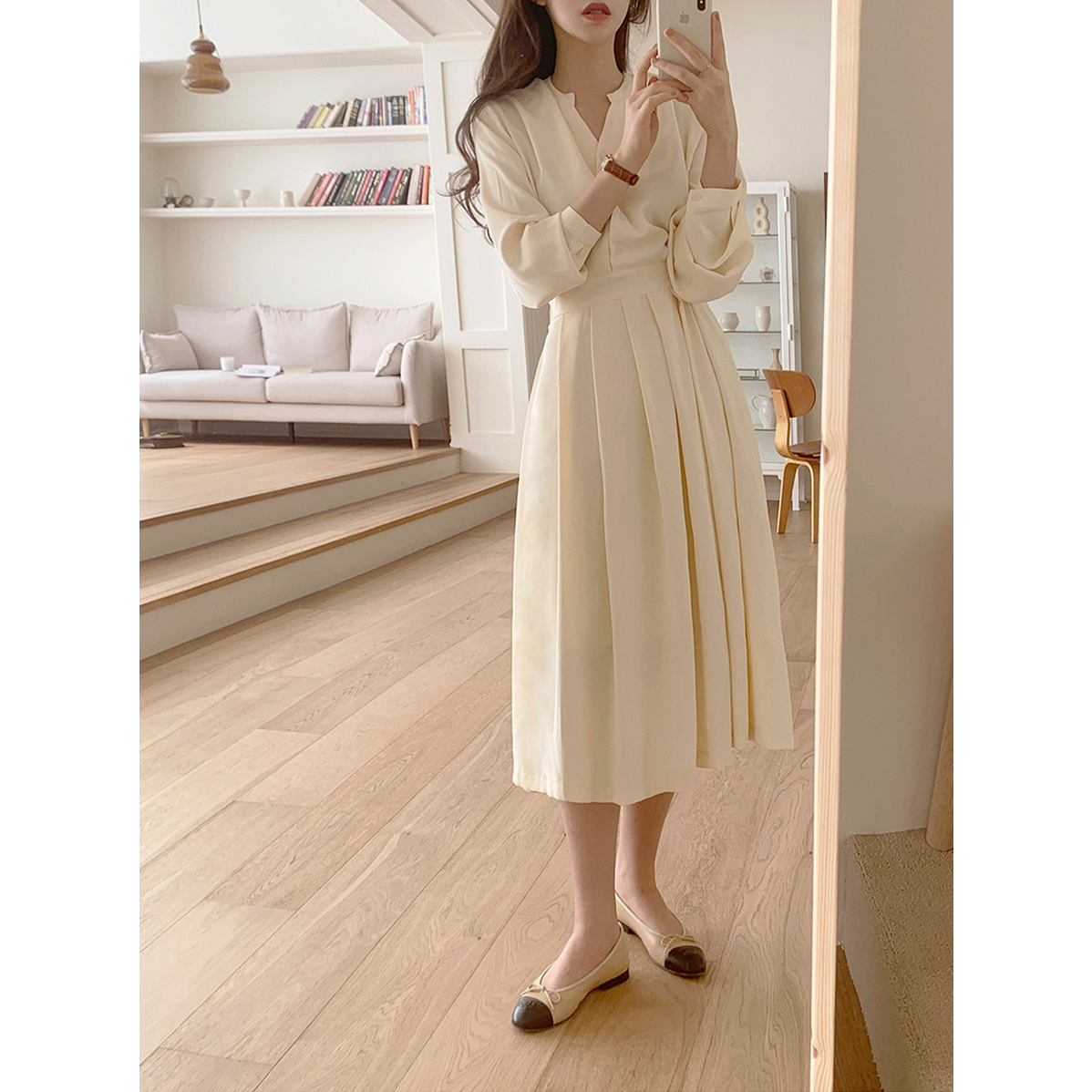 Đầm SUXI tay dài cổ chữ V màu trơn phong cách Hàn Quốc dành cho nữ