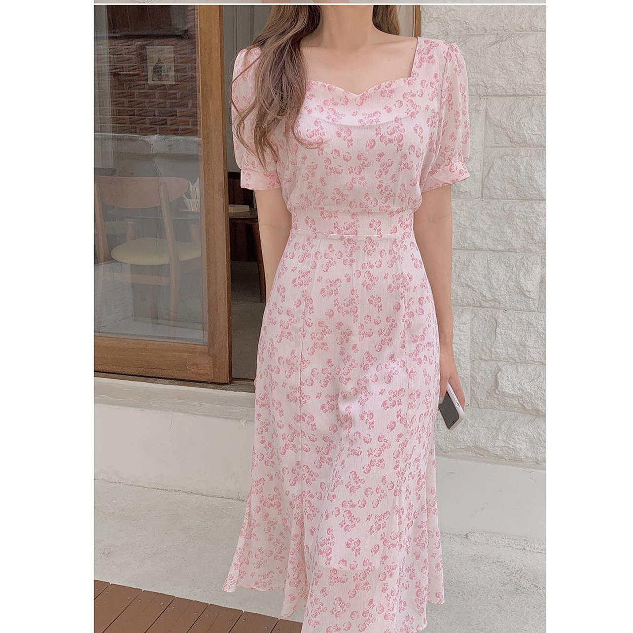 Đầm midi SUXI chiffon tay ngắn in họa tiết hoa phong cách Hàn Quốc cổ điển thời trang cho nữ