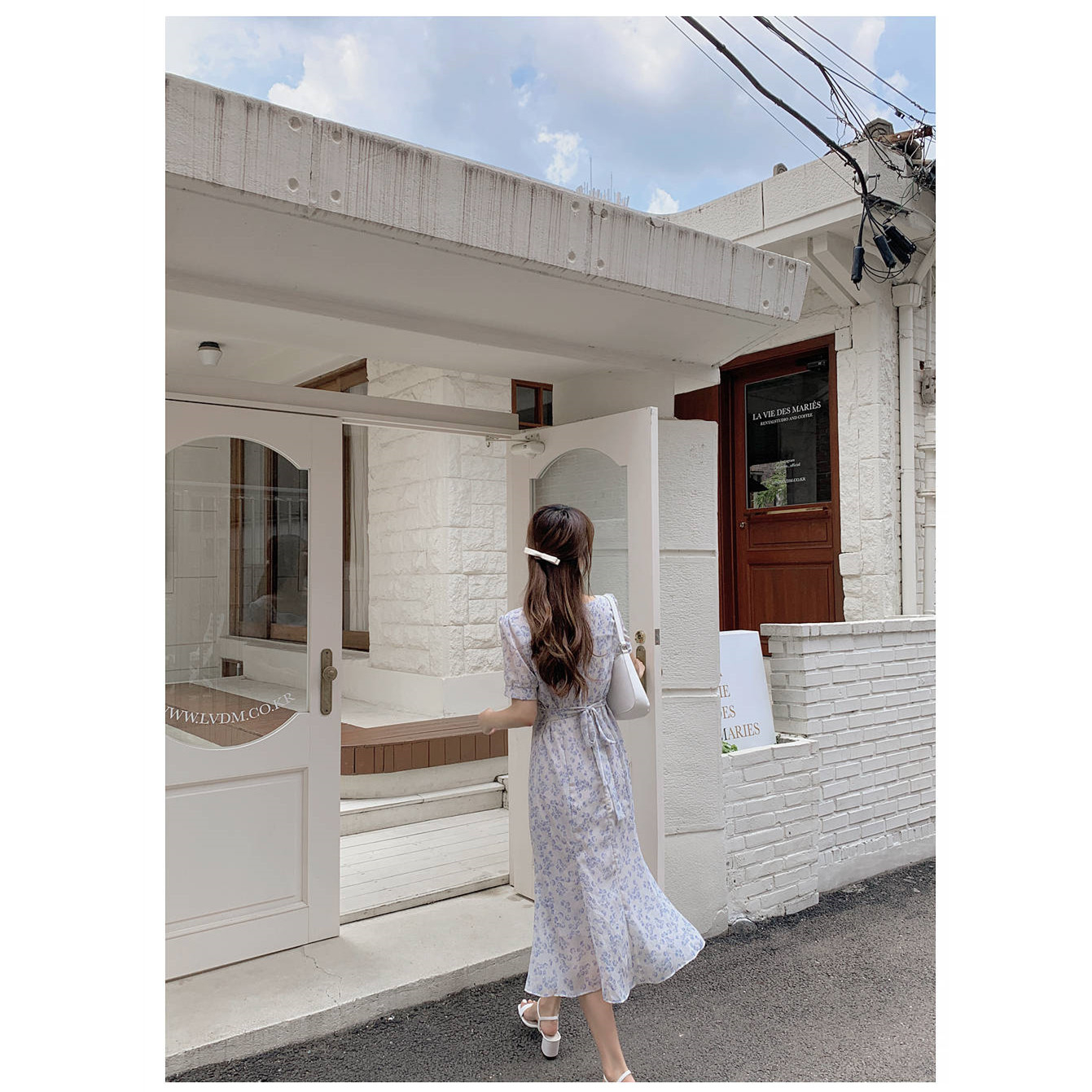 Đầm midi SUXI chiffon tay ngắn in họa tiết hoa phong cách Hàn Quốc cổ điển thời trang cho nữ