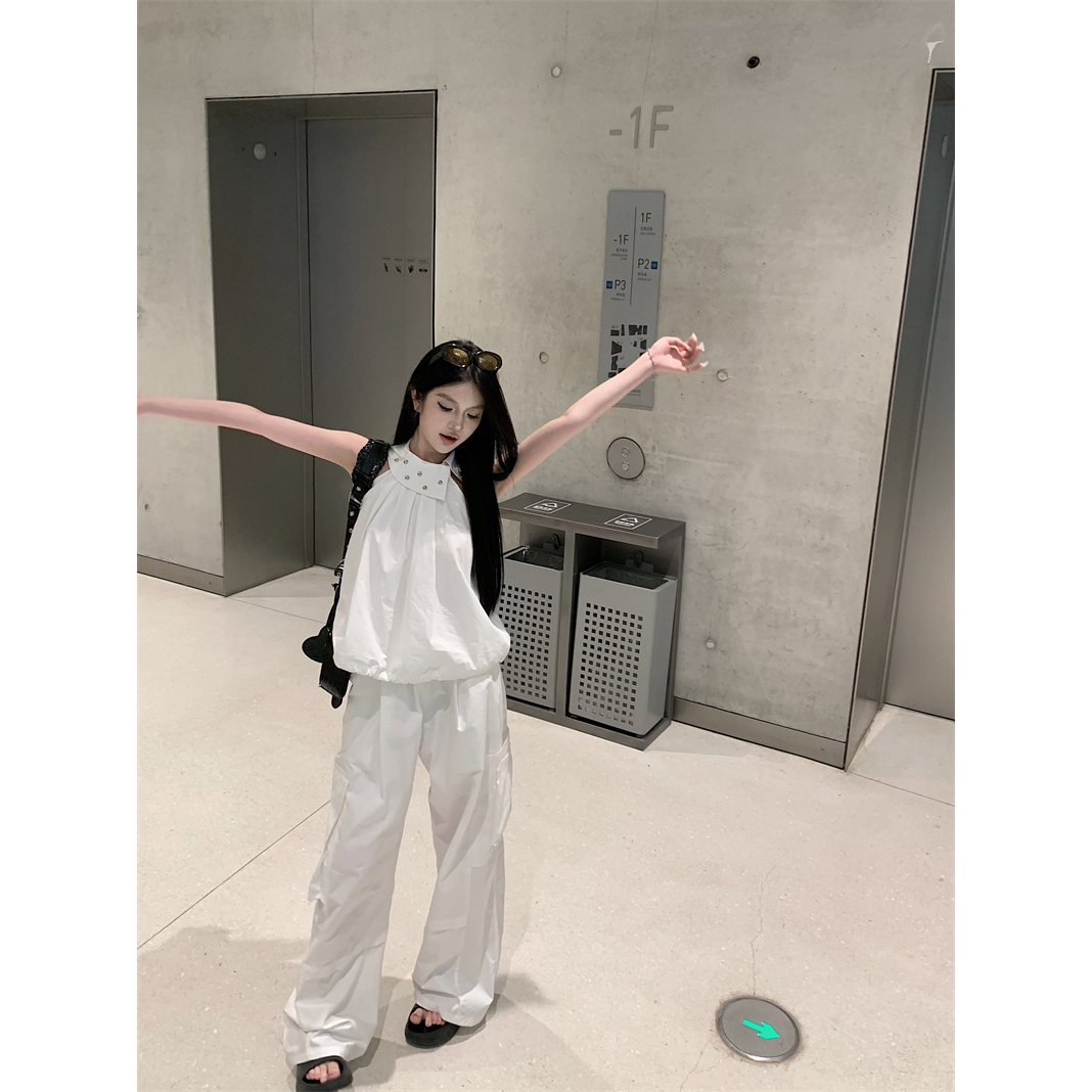 【COLORBLLIND】Bộ Áo Yếm Không Tay + Quần Dài Ống Rộng Đính Đinh Tán Phong Cách Mỹ Thời Trang Mùa Hè Cho Nữ