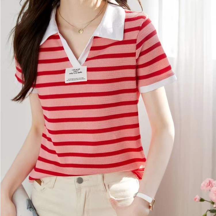 Áo Kiểu Nữ Áo Thời Trang Cho Nữ Áo Tay Ngắn Cổ Chữ V Hoạ Tiết Sọc Ngang Áo Kẻ Sọc Áo Thun Nữ