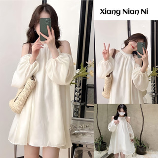Đầm XIANG NIAN NI dài tay hở vai ôm dáng thiết kế ngọt ngào kiểu Pháp cho nữ