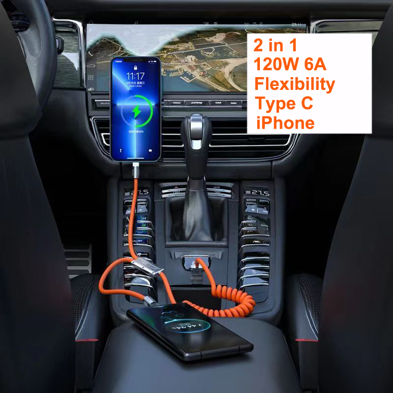 Cáp SạC Nhanh 120W 2 Trong 1 6A USB IOS Cho Xe Ô Tô