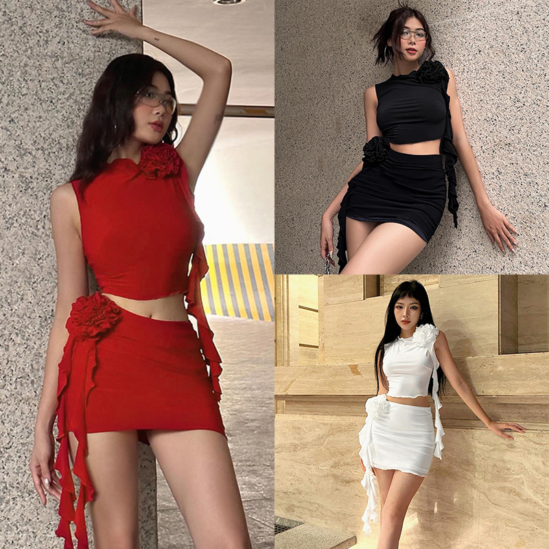 Bộ Áo Tank Top Hai Mảnh Họa Tiết Hoa 3D + Chân Váy Lưng Cao Ôm Dáng Phong Cách Mỹ Dành Cho Nữ