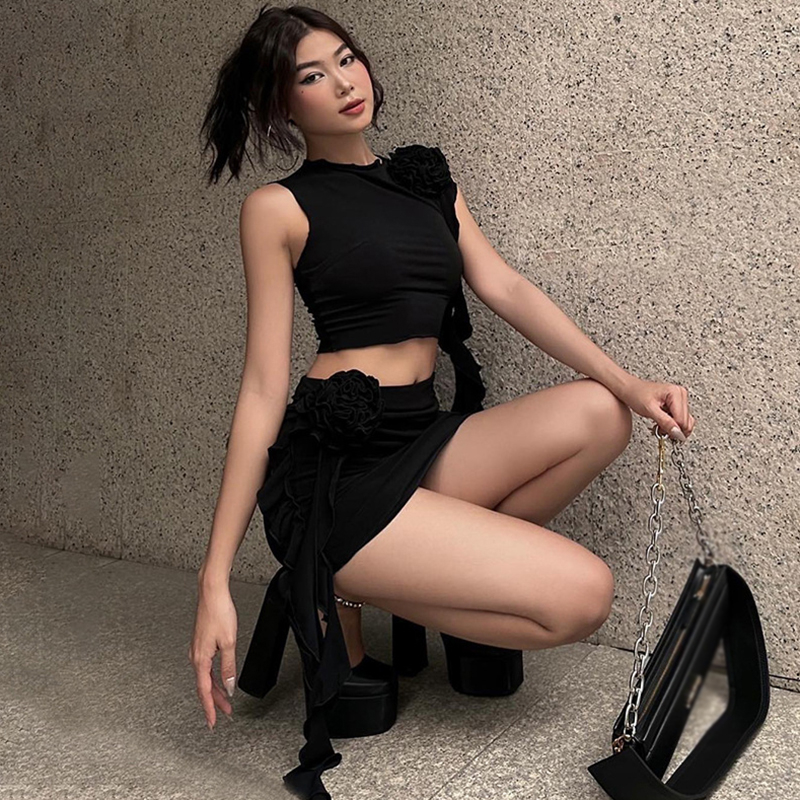 Bộ Áo Tank Top Hai Mảnh Họa Tiết Hoa 3D + Chân Váy Lưng Cao Ôm Dáng Phong Cách Mỹ Dành Cho Nữ