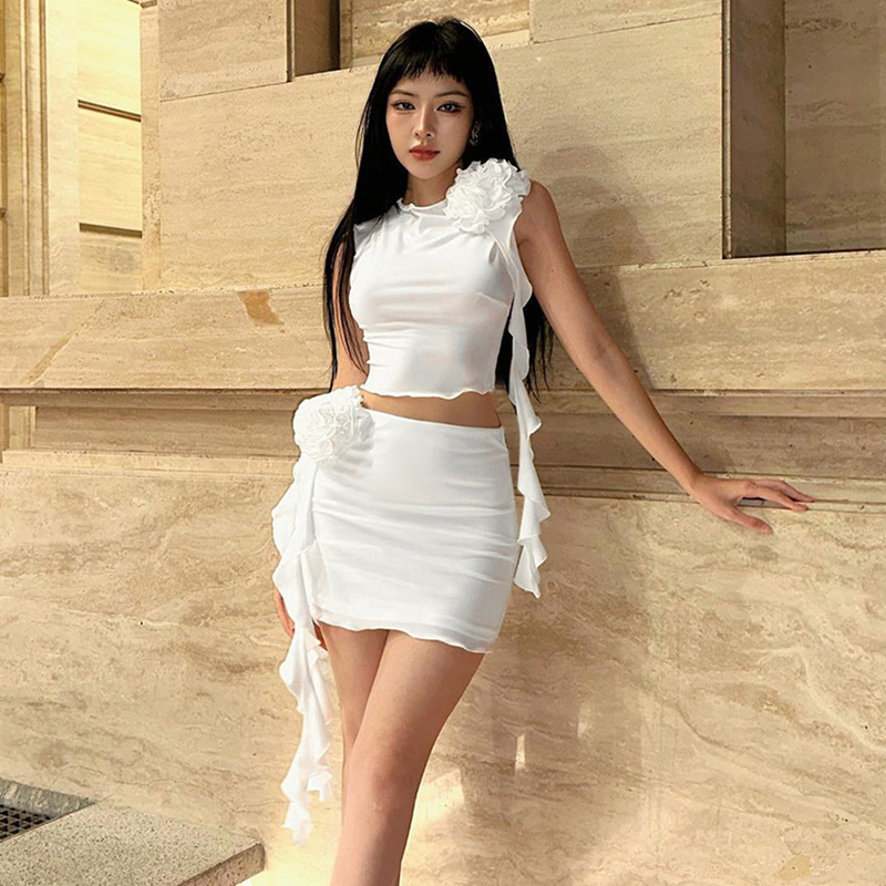 Bộ Áo Tank Top Hai Mảnh Họa Tiết Hoa 3D + Chân Váy Lưng Cao Ôm Dáng Phong Cách Mỹ Dành Cho Nữ