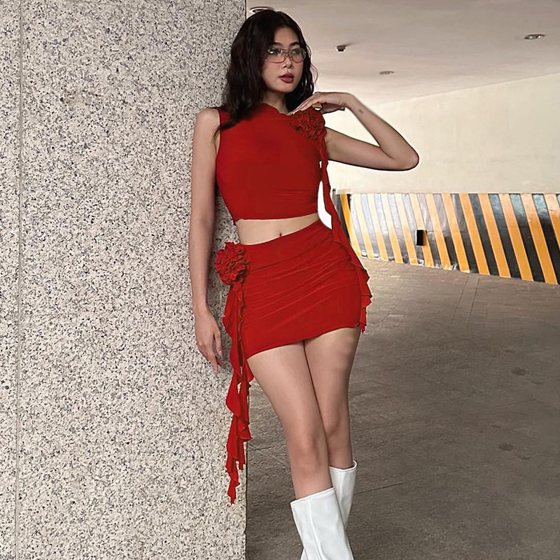 Bộ Áo Tank Top Hai Mảnh Họa Tiết Hoa 3D + Chân Váy Lưng Cao Ôm Dáng Phong Cách Mỹ Dành Cho Nữ