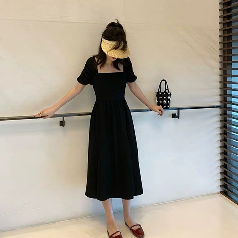 SUXI Đầm Midi Tay Ngắn Màu Đen Phong Cách Vintage Thời Trang Mùa Hè Cho Nữ