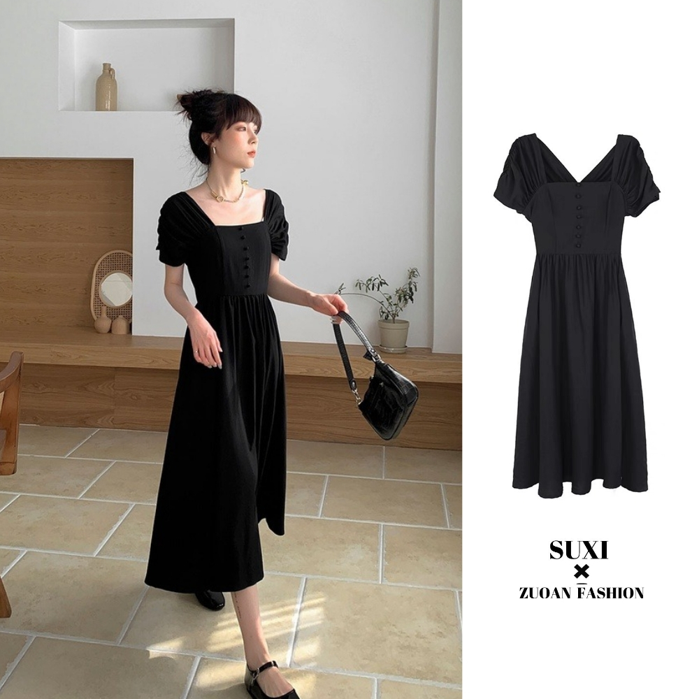 SUXI Đầm Midi Tay Ngắn Màu Đen Phong Cách Vintage Thời Trang Mùa Hè Cho Nữ