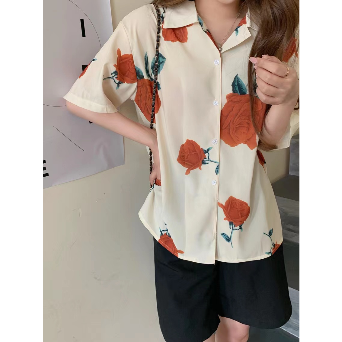 SUXI Áo Sơ Mi Ngắn Tay Dáng Rộng In Họa Tiết Hoa Hồng Kiểu Vintage Thời Trang Mùa Hè Cho Nữ