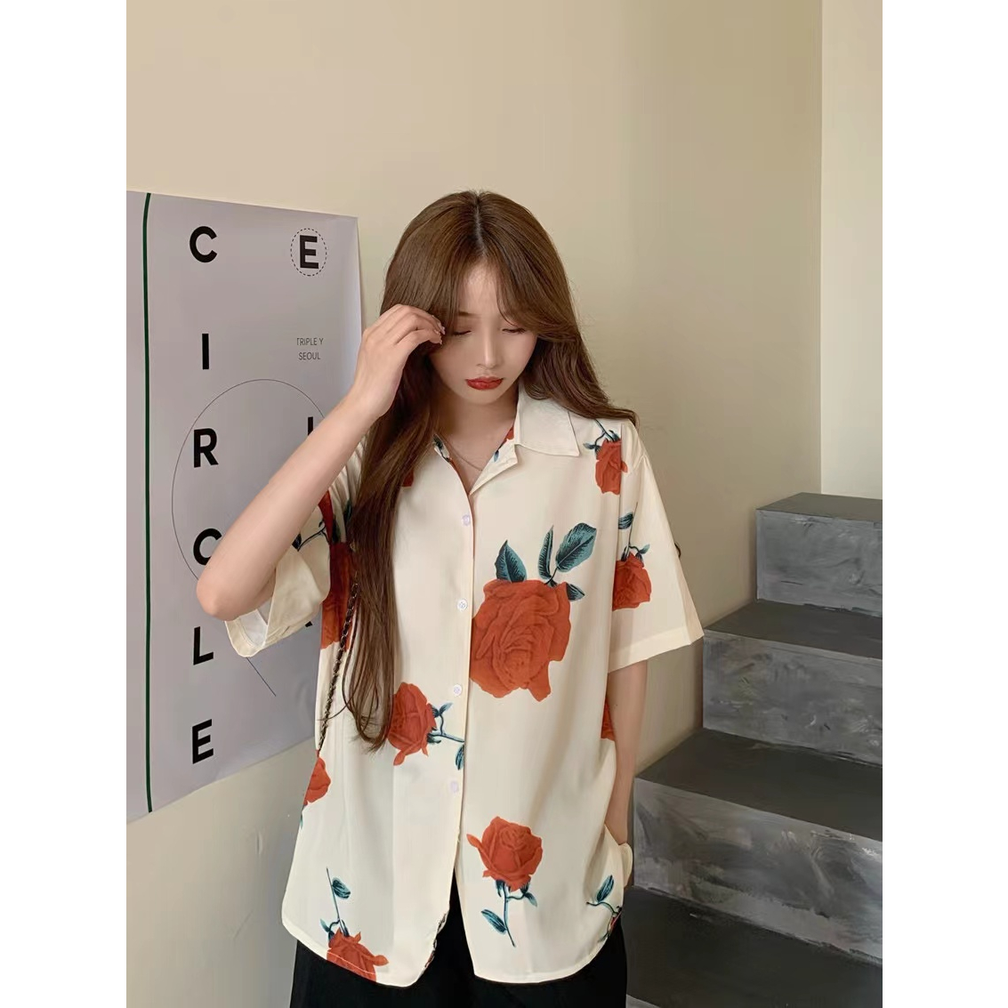 SUXI Áo Sơ Mi Ngắn Tay Dáng Rộng In Họa Tiết Hoa Hồng Kiểu Vintage Thời Trang Mùa Hè Cho Nữ