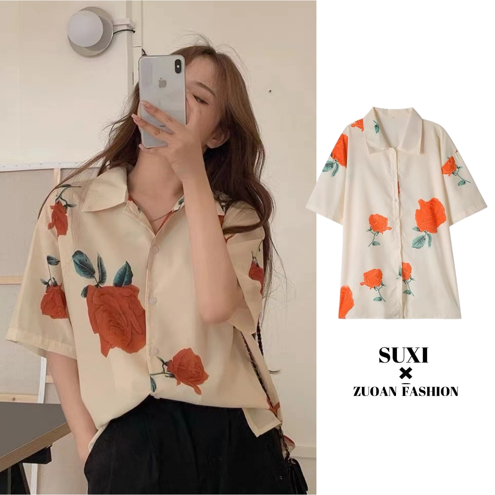 SUXI Áo Sơ Mi Ngắn Tay Dáng Rộng In Họa Tiết Hoa Hồng Kiểu Vintage Thời Trang Mùa Hè Cho Nữ