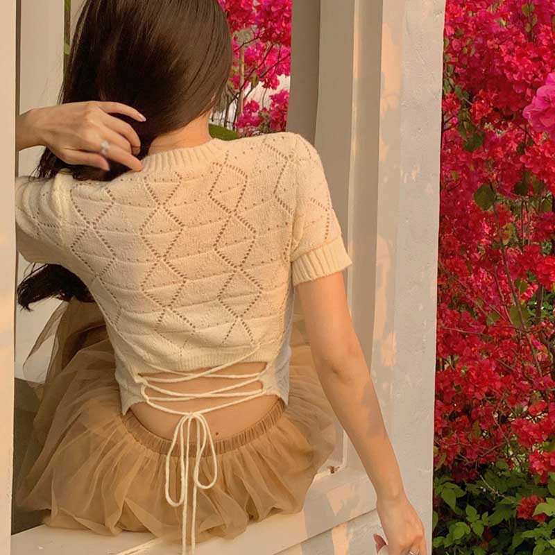 Áo Dệt Kim Tay Ngắn Cổ Tròn Thoáng Khí Đính Hạt Kim Cương Giả Ôm Dáng Cho Nữ