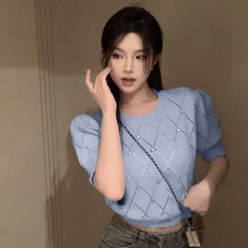 Áo Dệt Kim Tay Ngắn Cổ Tròn Thoáng Khí Đính Hạt Kim Cương Giả Ôm Dáng Cho Nữ