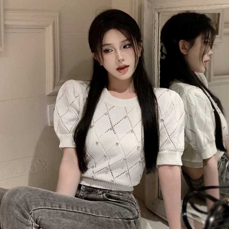 Áo Dệt Kim Tay Ngắn Cổ Tròn Thoáng Khí Đính Hạt Kim Cương Giả Ôm Dáng Cho Nữ