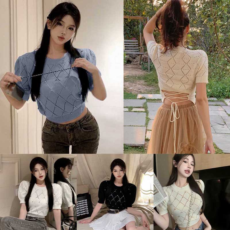 Áo Dệt Kim Tay Ngắn Cổ Tròn Thoáng Khí Đính Hạt Kim Cương Giả Ôm Dáng Cho Nữ