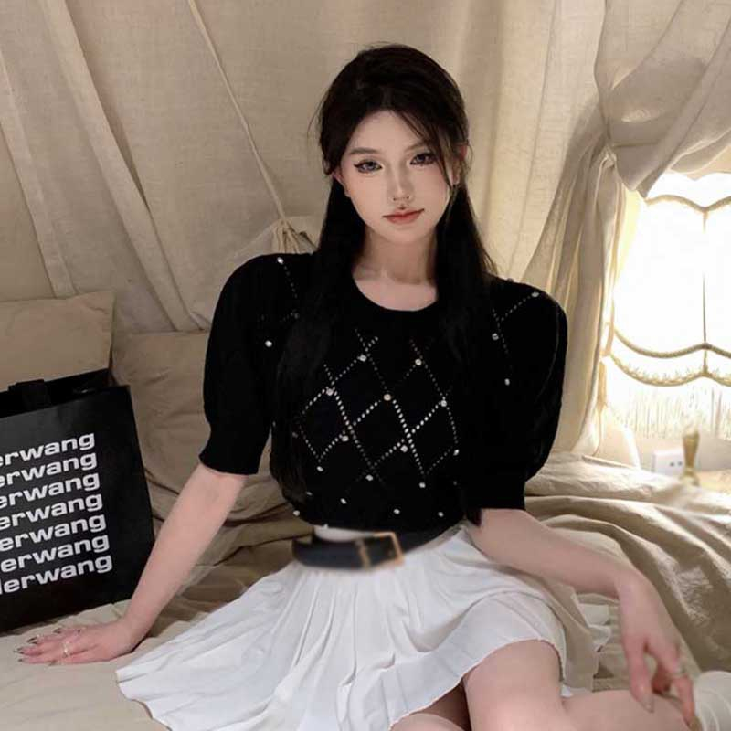 Áo Dệt Kim Tay Ngắn Cổ Tròn Thoáng Khí Đính Hạt Kim Cương Giả Ôm Dáng Cho Nữ