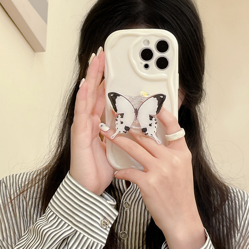 Ốp Điện Thoại Chống Sốc Họa Tiết Bướm Trắng Đen Cho iPhone 14 / 13 / 12 / 11 / X / 8P / 7P / 7 / 6P